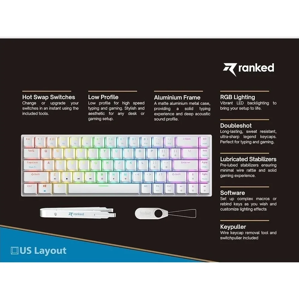 Ranked G65 Guardian 65% White | Full Aluminum Frame | Ultra Slim | Blue Switches